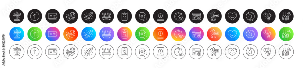 International flight, Fake internet and Power bank line icons. Round icon gradient buttons. Pack of Timer, Attraction, Refill water icon. Wifi, Safe box, Time management pictogram. Vector