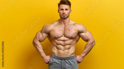 Sculpted abs  bodybuilder displaying perfect physique on pastel background with text space