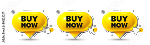 Chat speech bubble 3d icons. Buy Now tag. Special offer price sign. Advertising Discounts symbol. Buy now chat offer. Speech bubble banners. Text box balloon. Vector