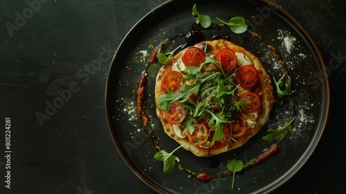 A freshly prepared pizza with tomatoes, basil, and cheese on a dark plate, dusted with spices and drizzled with a green sauce, against a dark background.