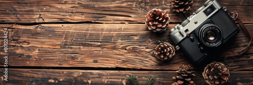 Old photo camera with pine cones on wooden background. Top view