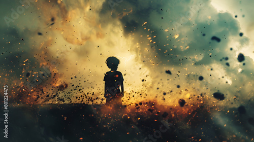 A surreal image of a child standing defiantly amidst a storm of PM2.5 particles, symbolizing the ongoing threat to children's health posed by air pollution