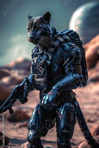 Black Puma man science fiction soldier wearing armour and holding a gun. photo