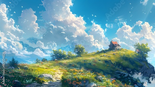 An enchanting hilltop is adorned with vibrant flowers and quaint cottages  offering a serene escape into nature  Digital art style  illustration painting.