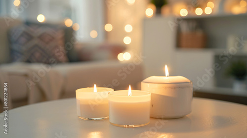 White table with burning candles in living room closeup
