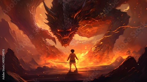 In an intense scene, a young hero runs from a ferocious dragon unleashing a fiery onslaught in a desolate landscape. photo