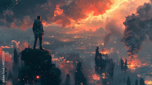 A lone observer stands atop a ruin, witnessing the cataclysmic spectacle of a city consumed by fiery destruction under a darkened sky. photo