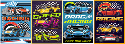 Racing automobiles set posters colorful