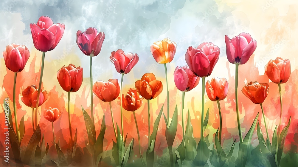 Fototapeta premium Digital art of colorful tulips reaching towards a clear, sunny sky with a painterly texture and vivid splashes of color.