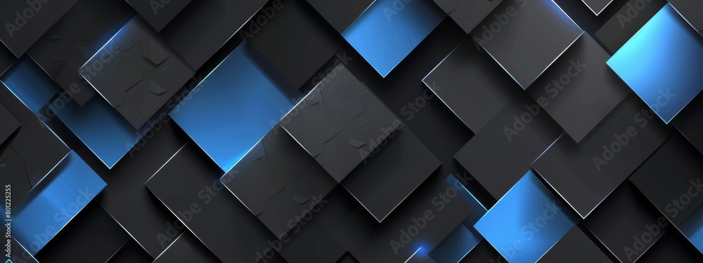 Abstract geometric black gray 3d texture wall with squares and square cubes background banner illustration with blue glowing lights, textured wallpaper. Abstract geometric black gray 3d texture wall with squares and square cubes background banner illustration with blue glowing lights, textured wallpaper.