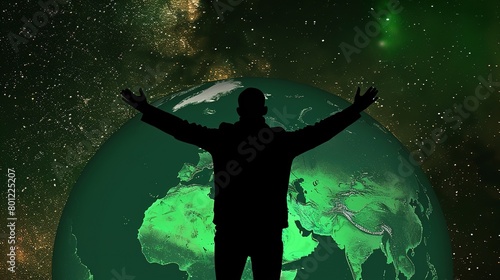 Silhouette of a person against the backdrop of planet Earth, symbolizing the profound connection between humanity and the cosmos, evoking contemplation on our impact on the planet