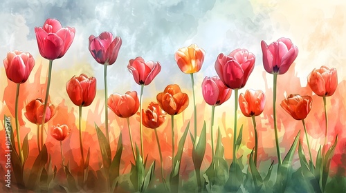 Digital art of colorful tulips reaching towards a clear  sunny sky with a painterly texture and vivid splashes of color.