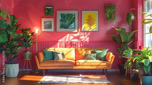 A chic living space bathed in warm light, showcasing a mustard yellow sofa, pink walls, and an assortment of lush houseplants.