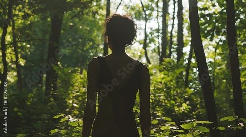 Metaphorical journey into the unknown. A woman's silhouette stands uncertain amidst the dense woods. The tight framing and lack of a visible path ahead evoke a sense of apprehension and feeling lost