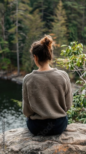 A young woman sits peacefully atop a rocky outcrop, gaze taking in the serene beauty of a winding river surrounded by lush forest. Calming sensation of being at one with nature's grandeur