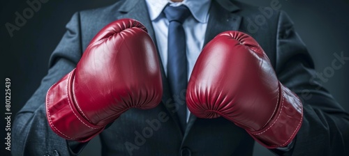 Corporate competition office worker in boxing gloves embracing business challenges
