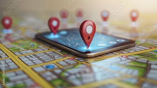 Concept of geofencing, featuring a digital map with virtual boundaries, a location pin, and a mobile device showcasing a geofencing app