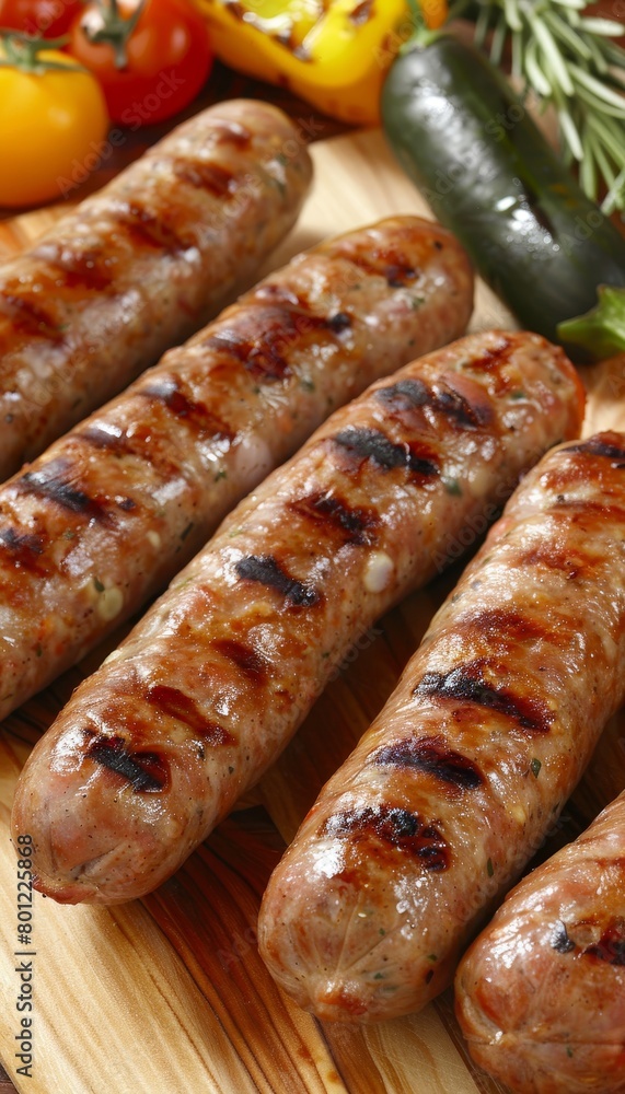 Succulent grilled pork sausage platter with assorted fresh vegetables on rustic wooden serving board Succulent grilled pork sausage platter with assorted fresh vegetables on rustic wooden serving board