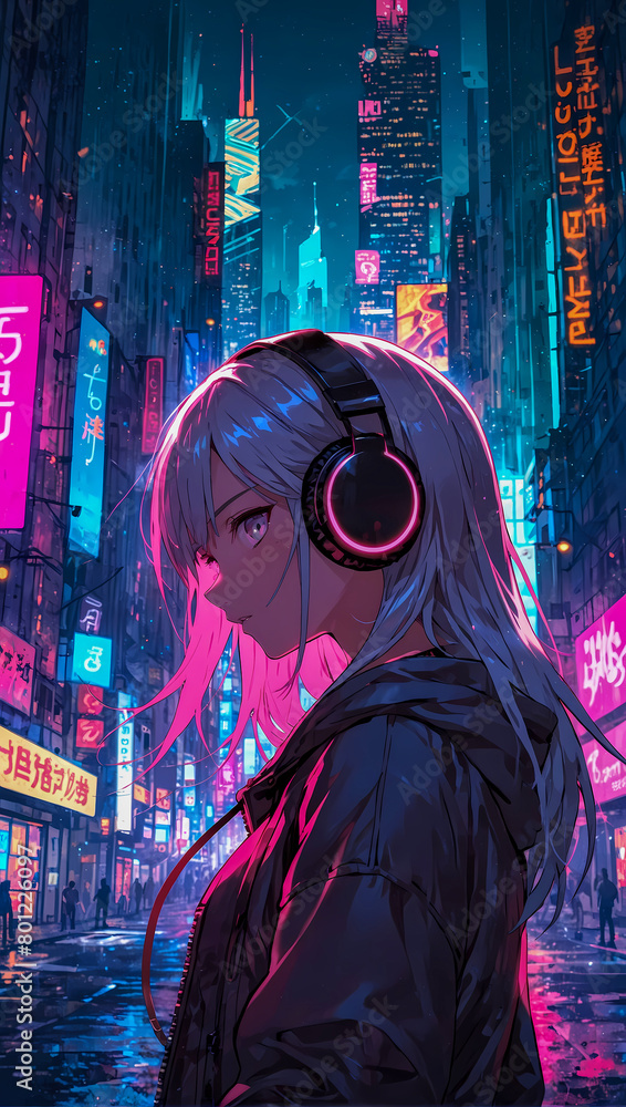 Anime girl with headphones listening and vibing to music with a cyberpunk city skyline as background