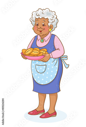Cute African American grandmother stands with a plate of pies in her hands. Isolated on white background. Vector illustration. © Shvetsova Yulia