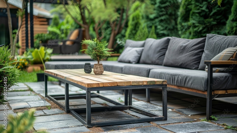 close up,wood sofa and table made of metal and wood in the yard and garden on the garden tiles 