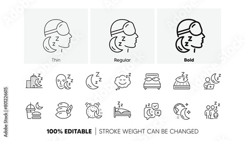 Sleeping pillow, Night bed and Insomnia sleeplessness. Sleep line icons. Bedroom rest mattress, Zzz snooze and Pillows with feather icons. Sleeping mask, Alarm clock and Human sleep in bed. Vector