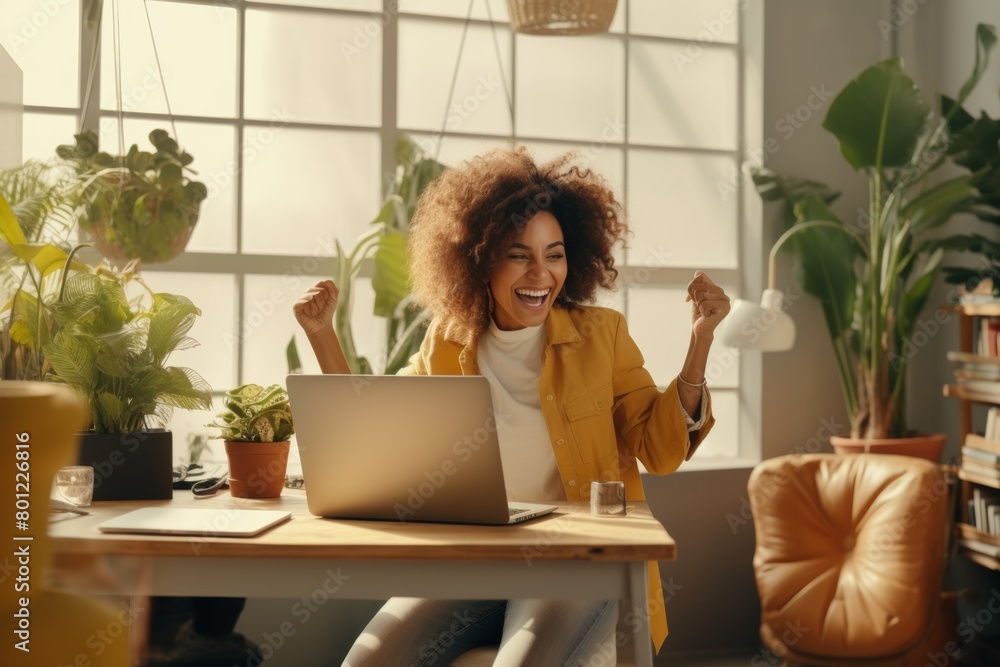 Cheerful young woman with afro hair celebrates success on laptop in a bright home office surrounded by plants Cheerful young woman with afro hair celebrates success on laptop in a bright home office surrounded by plants