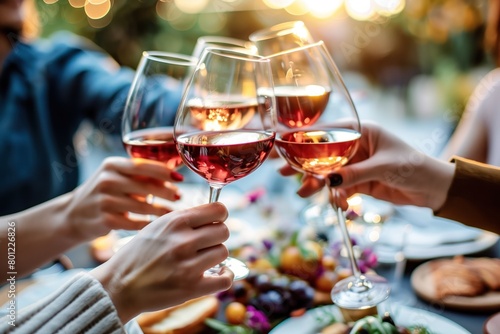 Friends engaging in a lively toast with glasses of rose wine over a festive table setting, evening time