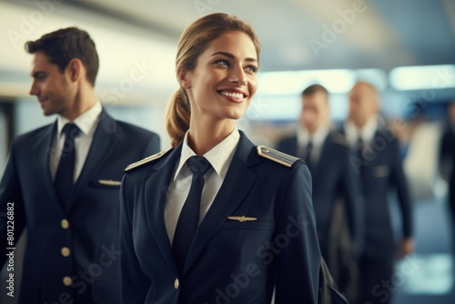 Confident female pilot smiling with crew in the background at an airport terminal photo