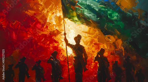 a painting of a flag being held by a group of men  photo