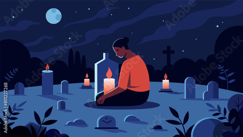 A lone figure sitting in a quiet cemetery surrounded by candles and paying respects to black Americans who paved the way for freedom.. Vector illustration