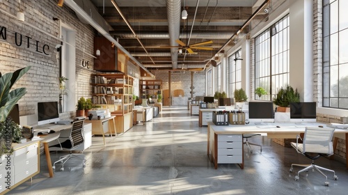 Interior of stylish open space office with white, brick and wooden walls, concrete floor, rows of white computer tables and file cabinets. 3d rendering 