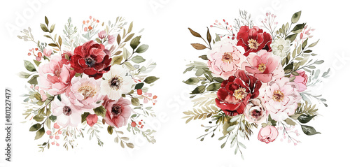 Fototapeta Naklejka Na Ścianę i Meble -  Pair of lush watercolor floral bouquets
