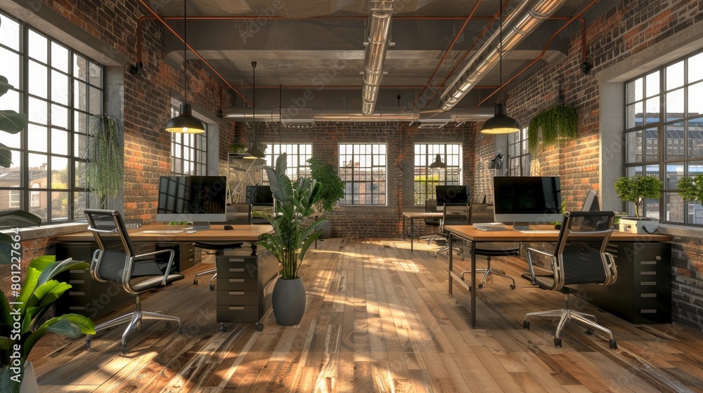 Loft open space office with a wooden floor, brick walls and gray and wooden computer desks. A conference room. 3d rendering mock up