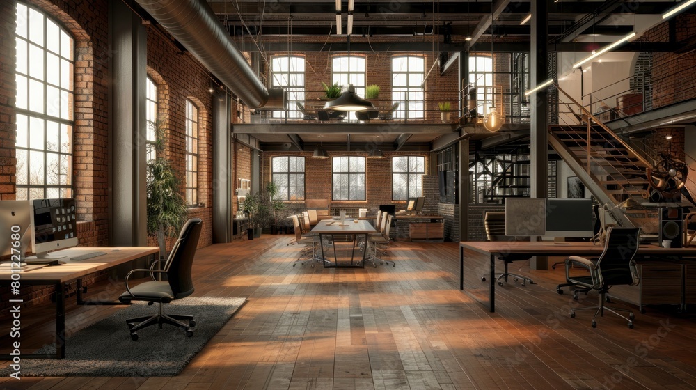 Loft open space office with a wooden floor, brick walls and gray and wooden computer desks. A conference room. 3d rendering mock up