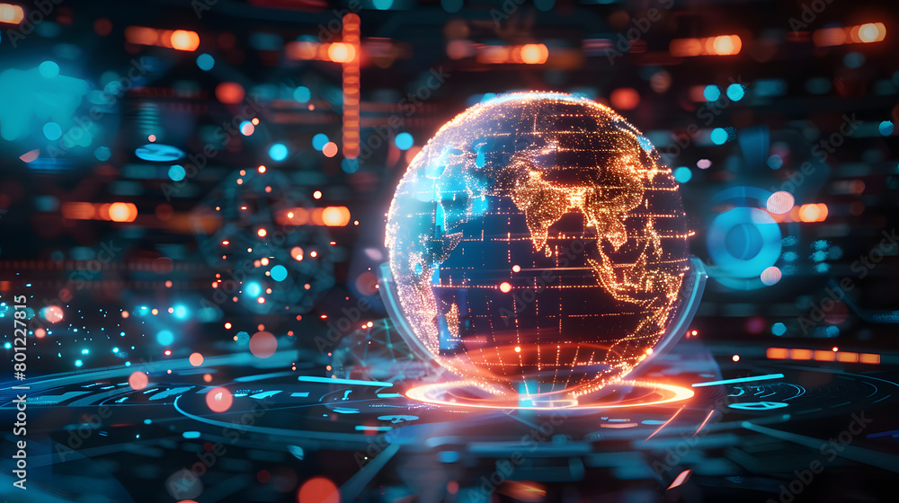Globular earth made up of light dots on a dark background. Conceptual illustration for Earth Day. 3D sci-fi interface with holographic globe over dashboard. Holographic globe in technical computer Globular earth made up of light dots on a dark background. Conceptual illustration for Earth Day. 3D sci-fi interface with holographic globe over dashboard. Holographic globe in technical computer