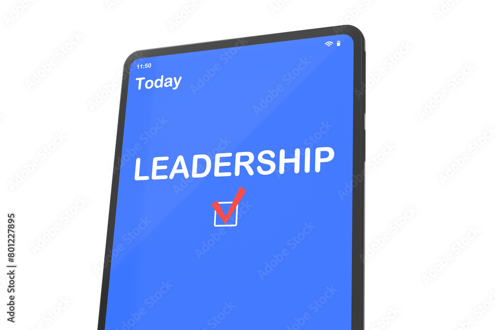 Electronic tablet with calendar app and text LEADERSHIP. Scheduling concept, deadline control. 3D illustration. Electronic tablet with calendar app and text LEADERSHIP. Scheduling concept, deadline control. 3D illustration.