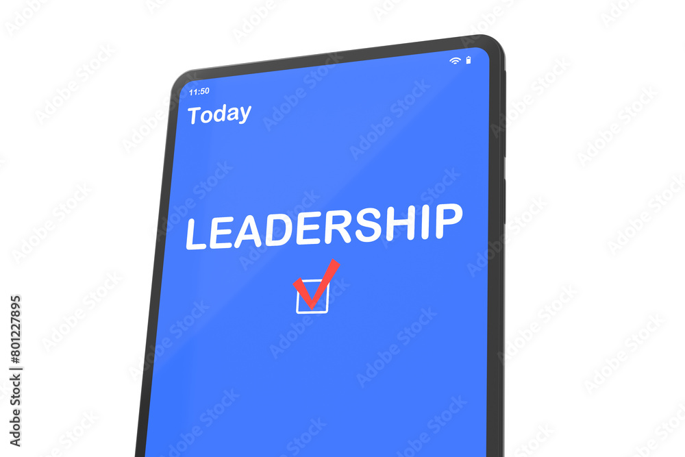 Electronic tablet with calendar app and text LEADERSHIP. Scheduling concept, deadline control. 3D illustration.
