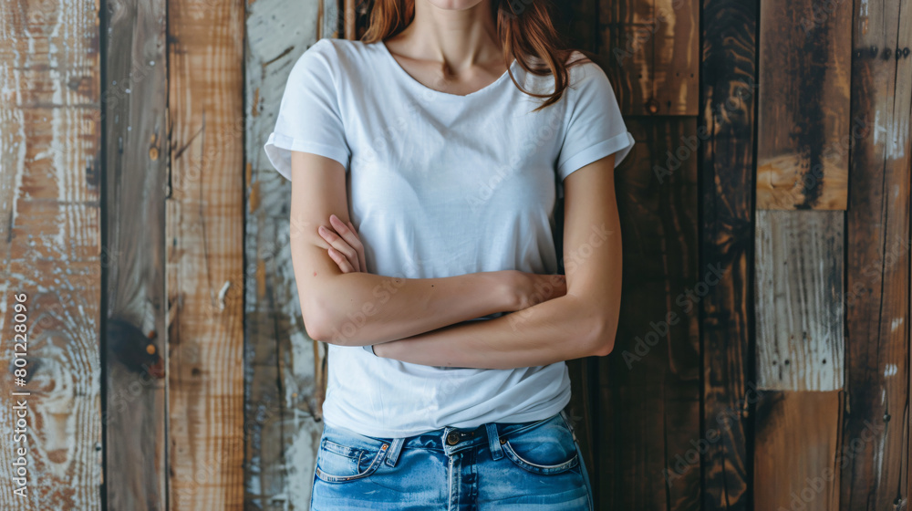 Woman in stylish t-shirt on wooden background