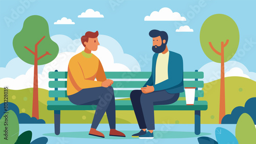 Two men sit in a park bench enjoying the sunshine while delving into deep discussions about stoicism and its effects on achieving inner peace..