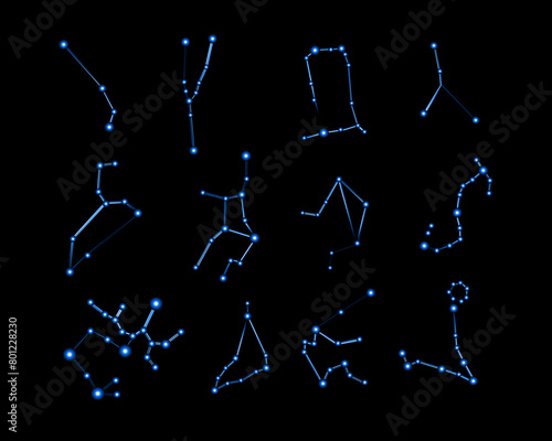 Vector isolated illustration set of zodiac sign constellations with neon effect.