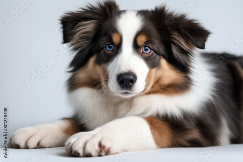 'gazing puppy top background australian funny white portrait view waiting dog studio lying smilling shepherd pet topview play smile up looking nose ear animal mouth breed isolated gorgeous on fun' © sandra