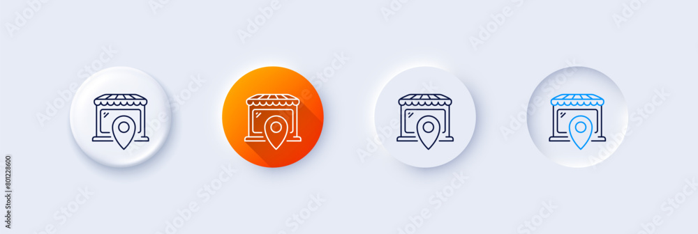Market location line icon. Neumorphic, Orange gradient, 3d pin buttons. Wholesale store sign. Retail marketplace symbol. Line icons. Neumorphic buttons with outline signs. Vector Market location line icon. Neumorphic, Orange gradient, 3d pin buttons. Wholesale store sign. Retail marketplace symbol. Line icons. Neumorphic buttons with outline signs. Vector