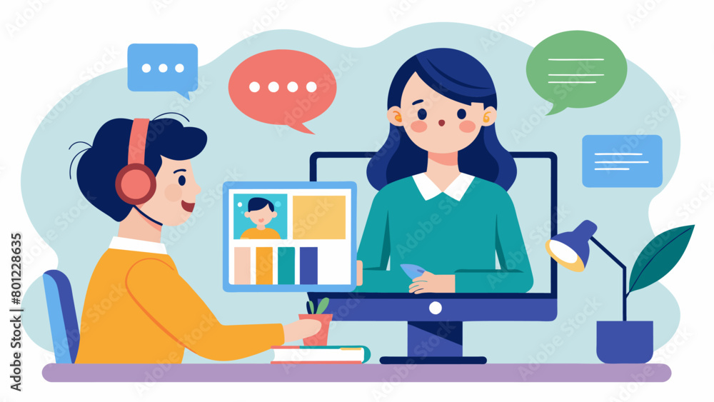 Fototapeta premium In a virtual session a speech the and client utilize online resources games and interactive whiteboards to practice speech and language skills. Vector illustration