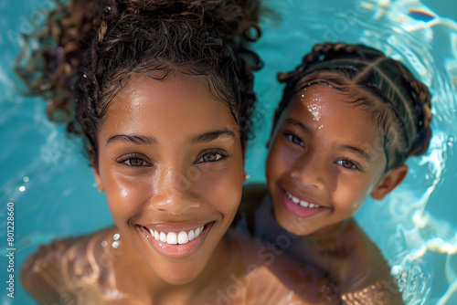 Portrait of a happy young African American mother and daughter in the pool