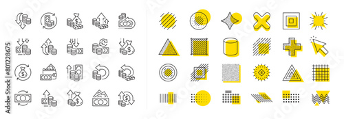 Finance, revenue reduction and financial benefit set. Design shape elements. Money line icons. Economy, money savings and increase profit line icons. Cash back, wallet and return finance. Vector