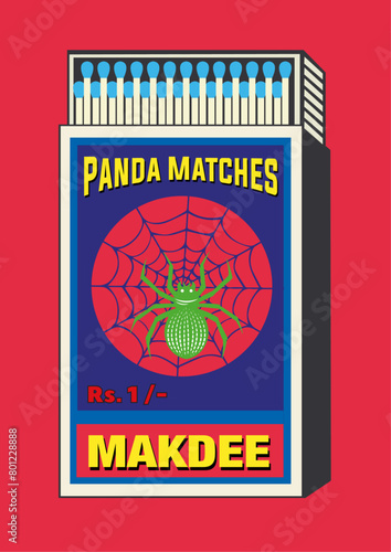 Liphistius, arachnid, attercop, Araneae, Mygalomorphae, lighter belonging, lighter can, matchbox, matches vector illustration. Vintage, antique retro style packaging. Indian art old style design.