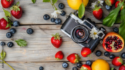 Old photo camera with summer fruits on wooden background. Top view. summer day