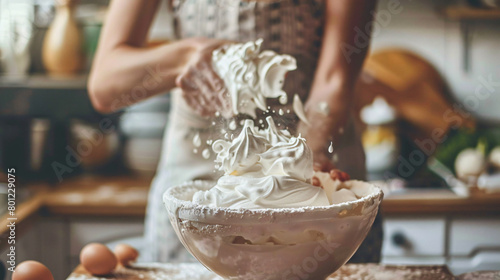 Woman preparing meringue in kitchen