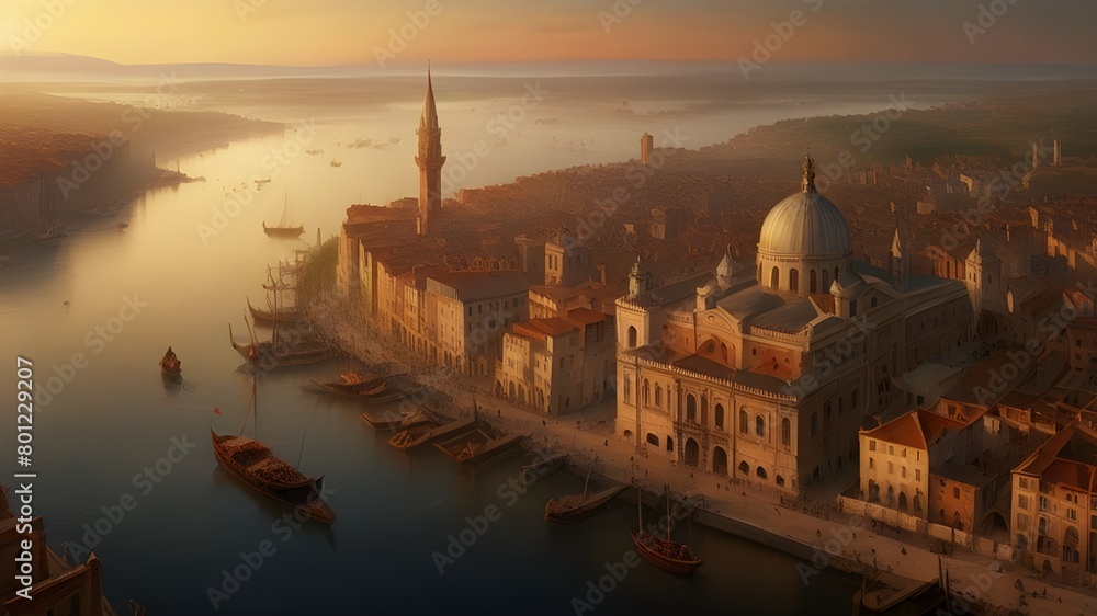 aerial view of an ancient city at dusk